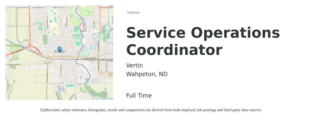 Vertin job posting for a Service Operations Coordinator in Wahpeton, ND with a salary of $19 to $27 Hourly with a map of Wahpeton location.
