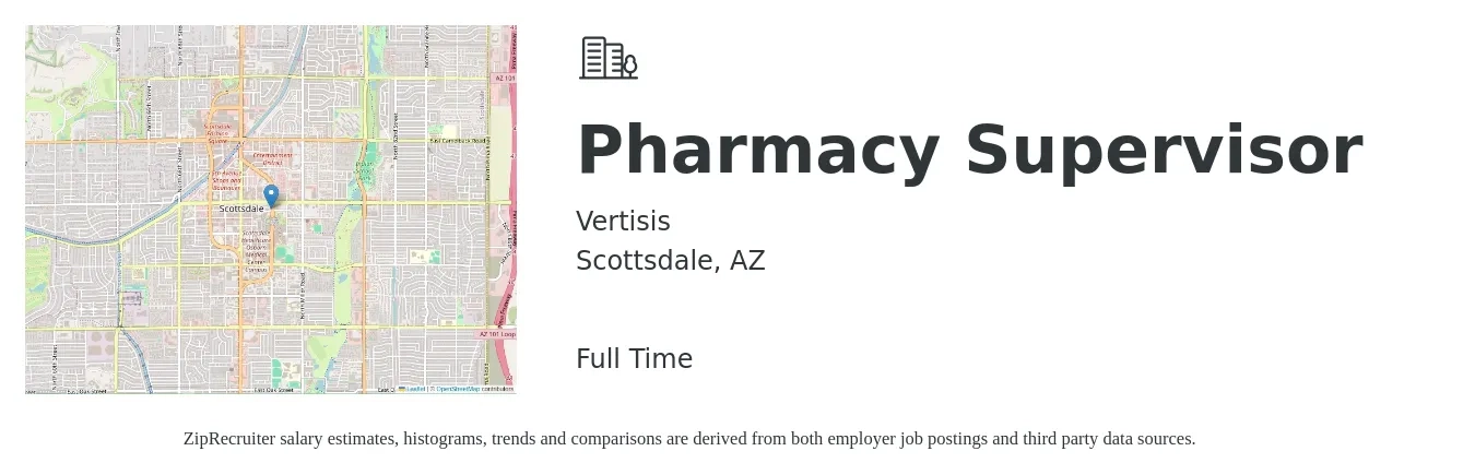 Vertisis job posting for a Pharmacy Supervisor in Scottsdale, AZ with a salary of $66 to $77 Hourly with a map of Scottsdale location.