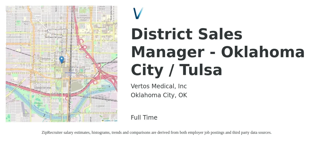 Vertos Medical, Inc job posting for a District Sales Manager - Oklahoma City / Tulsa in Oklahoma City, OK with a salary of $61,300 to $93,800 Yearly with a map of Oklahoma City location.