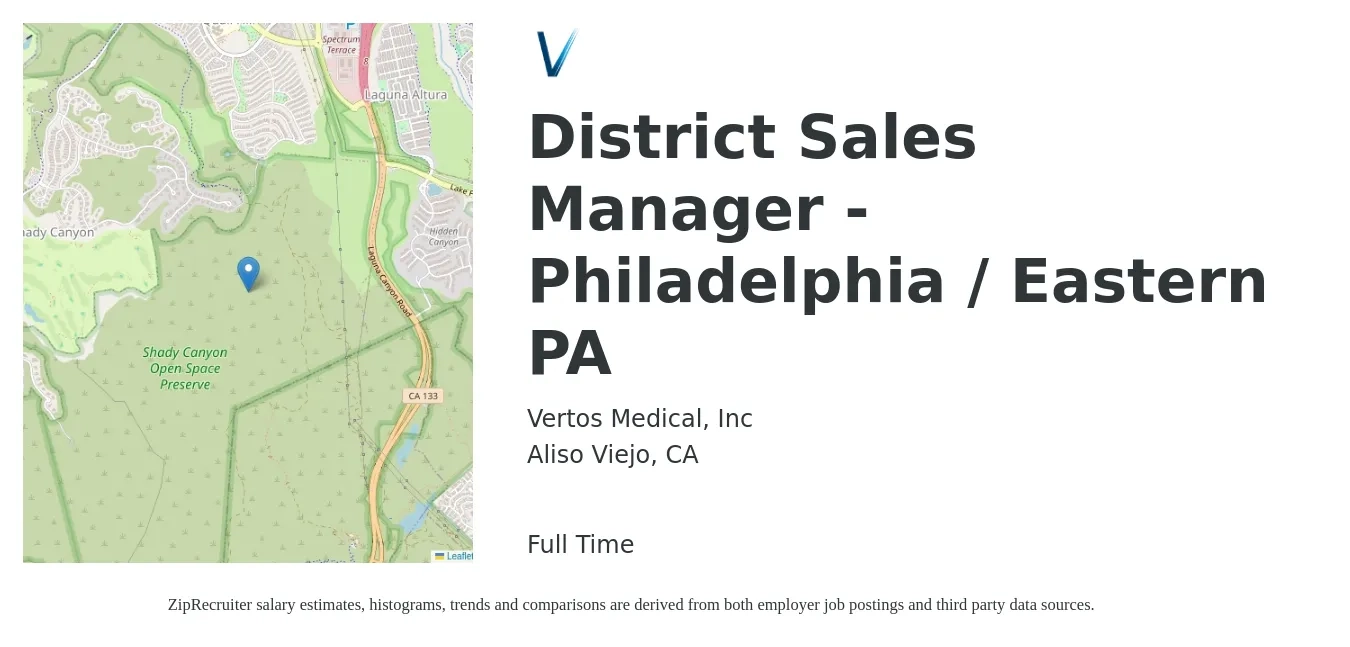 Vertos Medical, Inc job posting for a District Sales Manager - Philadelphia / Eastern PA in Aliso Viejo, CA with a salary of $69,800 to $106,800 Yearly with a map of Aliso Viejo location.
