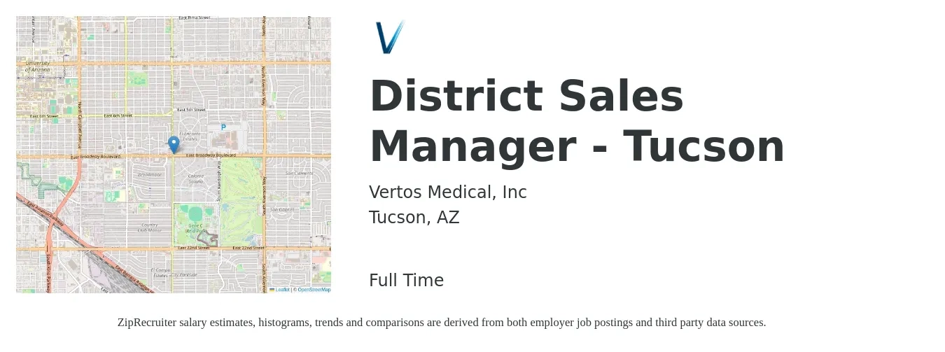 Vertos Medical, Inc job posting for a District Sales Manager - Tucson in Tucson, AZ with a salary of $62,400 to $95,500 Yearly with a map of Tucson location.