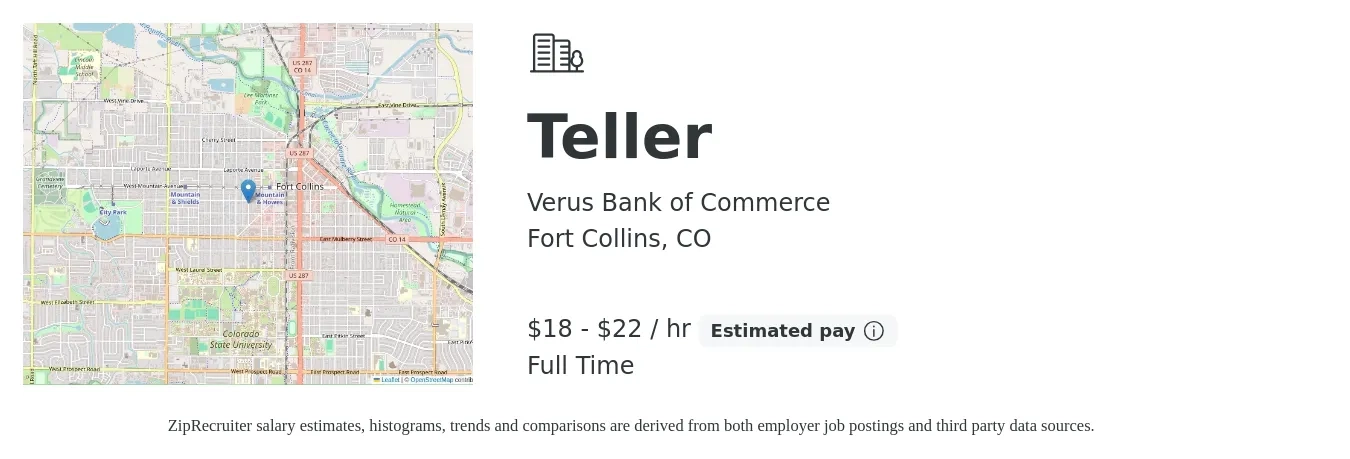 Verus Bank of Commerce job posting for a Teller in Fort Collins, CO with a salary of $19 to $23 Hourly with a map of Fort Collins location.
