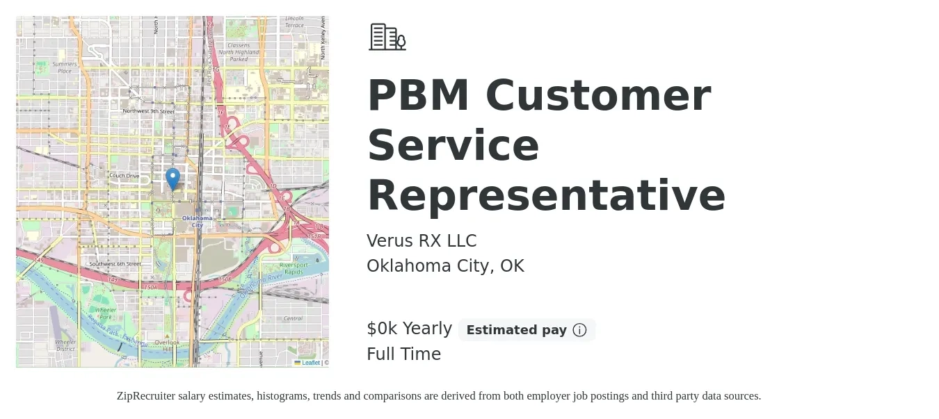 Verus RX LLC job posting for a PBM Customer Service Representative in Oklahoma City, OK with a salary of $18 to $21 Yearly with a map of Oklahoma City location.