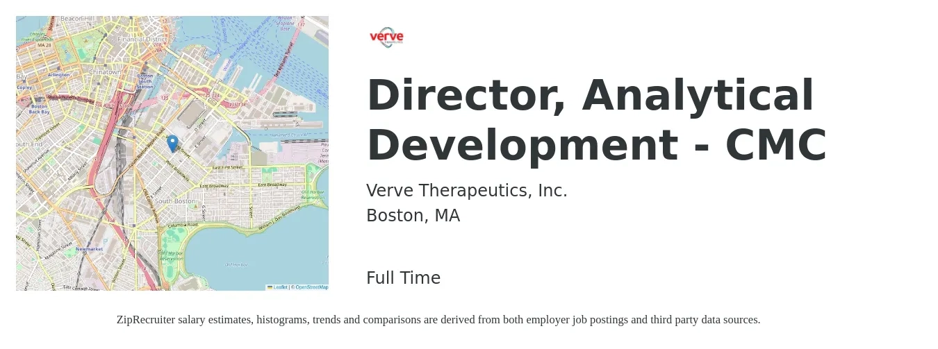 Verve Therapeutics, Inc. job posting for a Director, Analytical Development - CMC in Boston, MA with a salary of $102,100 to $270,500 Yearly with a map of Boston location.