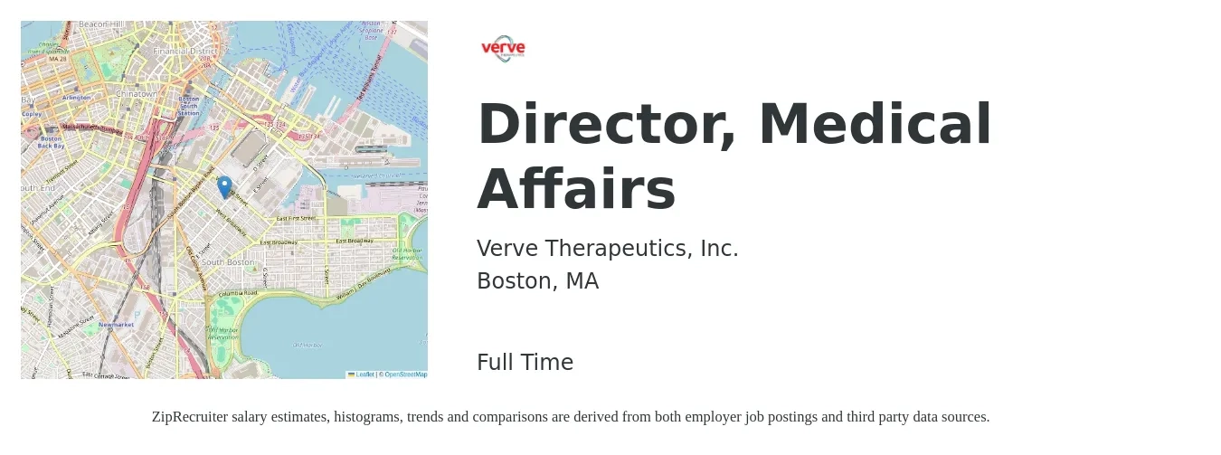 Verve Therapeutics, Inc. job posting for a Director, Medical Affairs in Boston, MA with a salary of $147,800 to $221,100 Yearly with a map of Boston location.