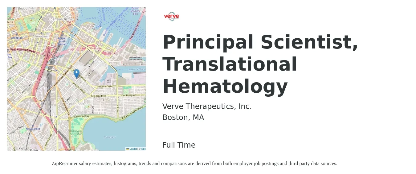 Verve Therapeutics, Inc. job posting for a Principal Scientist, Translational Hematology in Boston, MA with a salary of $127,700 to $183,600 Yearly with a map of Boston location.