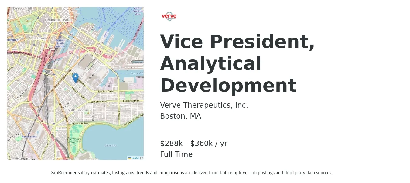 Verve Therapeutics, Inc. job posting for a Vice President, Analytical Development in Boston, MA with a salary of $288,000 to $360,000 Yearly with a map of Boston location.