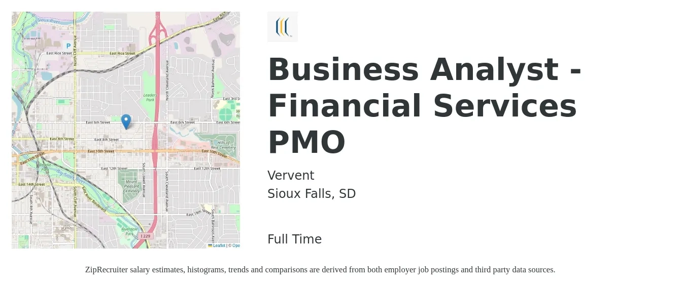 Vervent job posting for a Business Analyst - Financial Services PMO in Sioux Falls, SD with a salary of $33 to $52 Hourly with a map of Sioux Falls location.