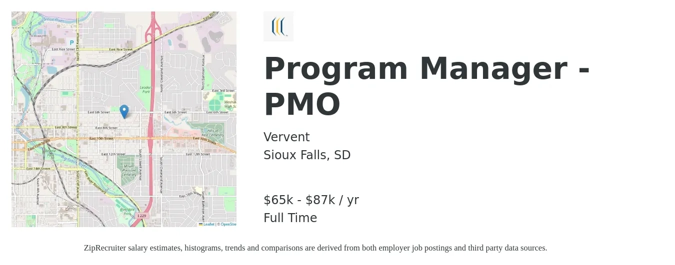 Vervent job posting for a Program Manager - PMO in Sioux Falls, SD with a salary of $65,250 to $87,000 Yearly with a map of Sioux Falls location.