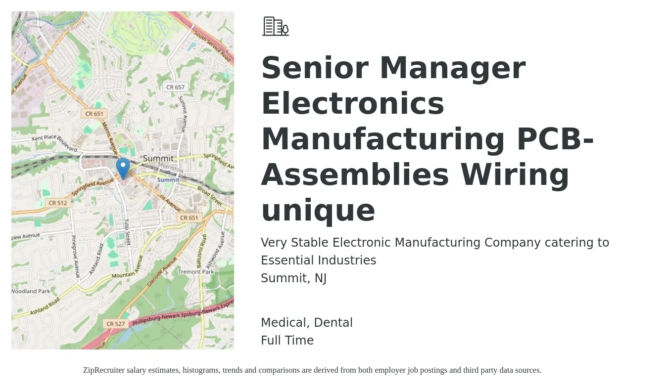 Very Stable Electronic Manufacturing Company catering to Essential Industries job posting for a Senior Manager Electronics Manufacturing PCB-Assemblies Wiring unique in Summit, NJ with a salary of $71,200 to $123,800 Yearly and benefits including pto, retirement, dental, and medical with a map of Summit location.