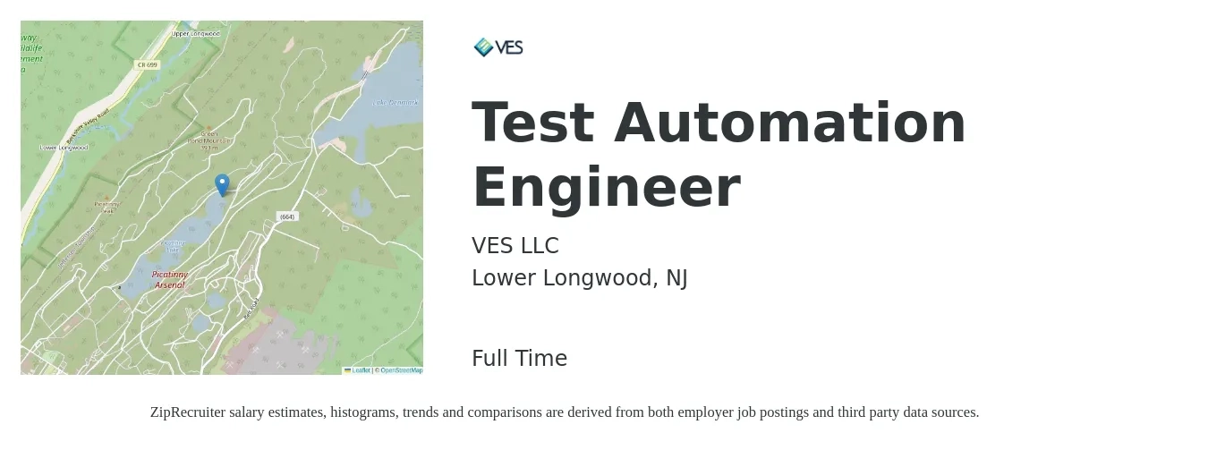 VES LLC job posting for a Test Automation Engineer in Lower Longwood, NJ with a salary of $48 to $64 Hourly with a map of Lower Longwood location.