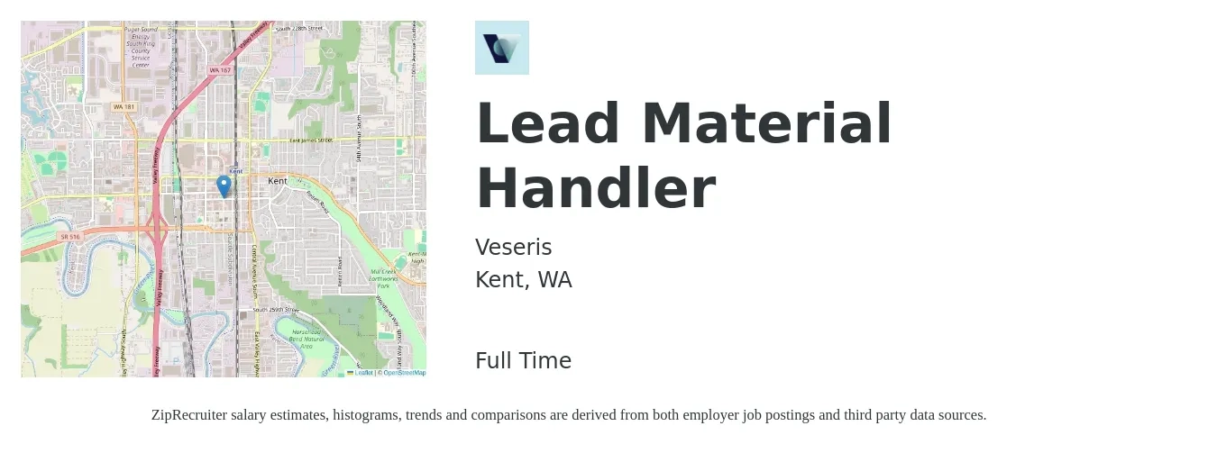 Veseris job posting for a Lead Material Handler in Kent, WA with a salary of $20 to $29 Hourly with a map of Kent location.