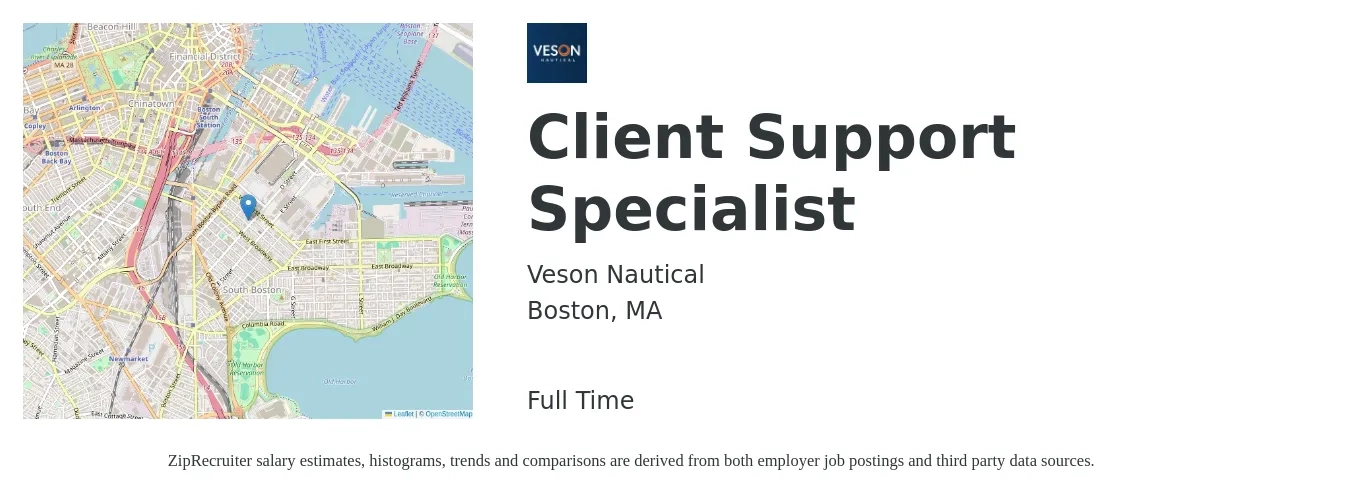 Veson Nautical job posting for a Client Support Specialist in Boston, MA with a salary of $20 to $26 Hourly with a map of Boston location.