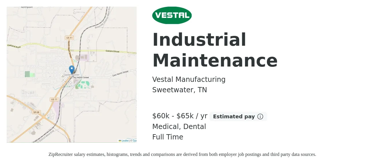 Vestal Manufacturing job posting for a Industrial Maintenance in Sweetwater, TN with a salary of $60,000 to $65,000 Yearly and benefits including life_insurance, medical, retirement, and dental with a map of Sweetwater location.