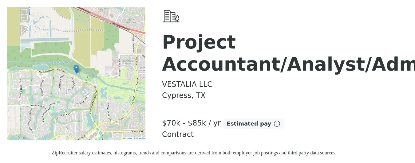 VESTALIA LLC job posting for a Project Accountant/Analyst/Admin in Cypress, TX with a salary of $70,000 to $85,000 Yearly with a map of Cypress location.