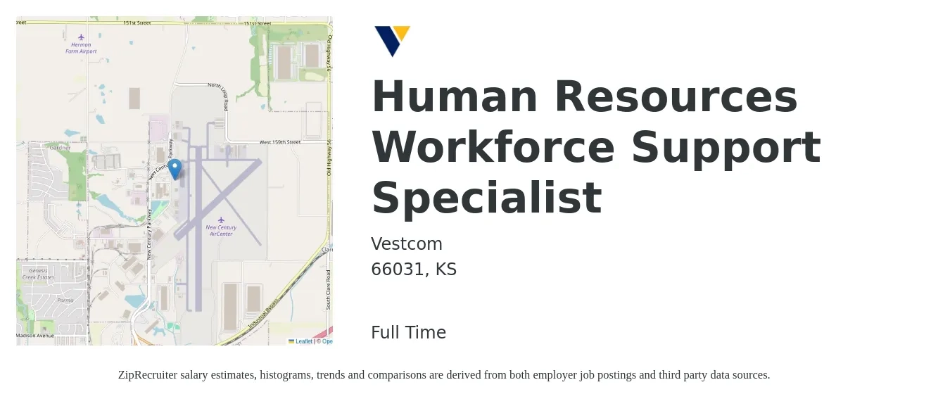 Vestcom job posting for a Human Resources Workforce Support Specialist in 66031, KS with a salary of $52,700 to $63,200 Yearly with a map of 66031 location.