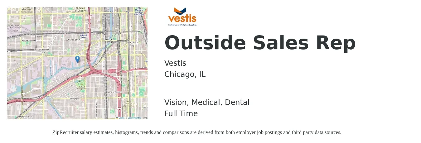 Vestis job posting for a Outside Sales Rep in Chicago, IL with a salary of $54,100 to $92,700 Yearly and benefits including medical, pto, retirement, vision, dental, and life_insurance with a map of Chicago location.