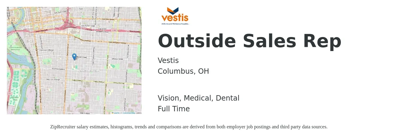 Vestis job posting for a Outside Sales Rep in Columbus, OH with a salary of $50,700 to $86,900 Yearly and benefits including dental, life_insurance, medical, pto, retirement, and vision with a map of Columbus location.