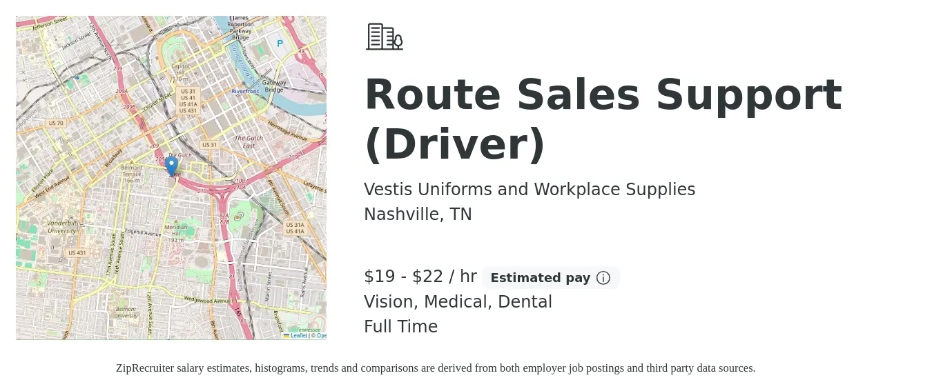 Vestis Uniforms and Workplace Supplies job posting for a Route Sales Support (Driver) in Nashville, TN with a salary of $20 to $23 Hourly and benefits including dental, medical, pto, and vision with a map of Nashville location.