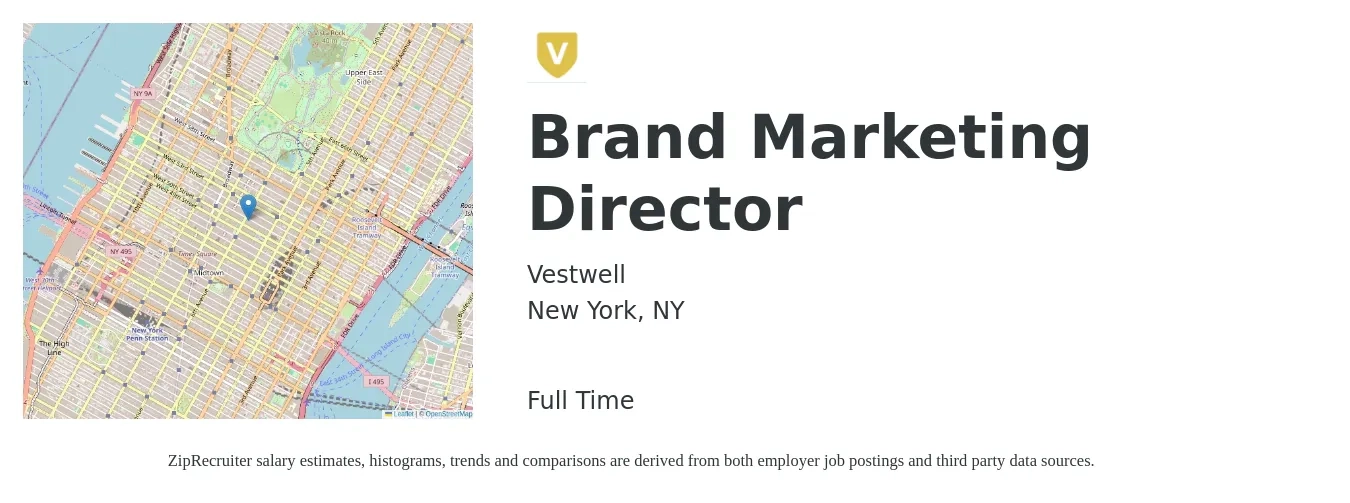 Vestwell job posting for a Brand Marketing Director in New York, NY with a salary of $97,400 to $164,100 Yearly with a map of New York location.