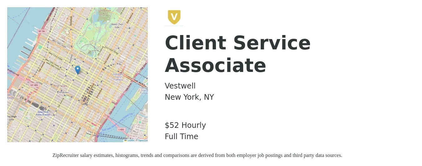 Vestwell job posting for a Client Service Associate in New York, NY with a salary of $16 to $22 Hourly with a map of New York location.