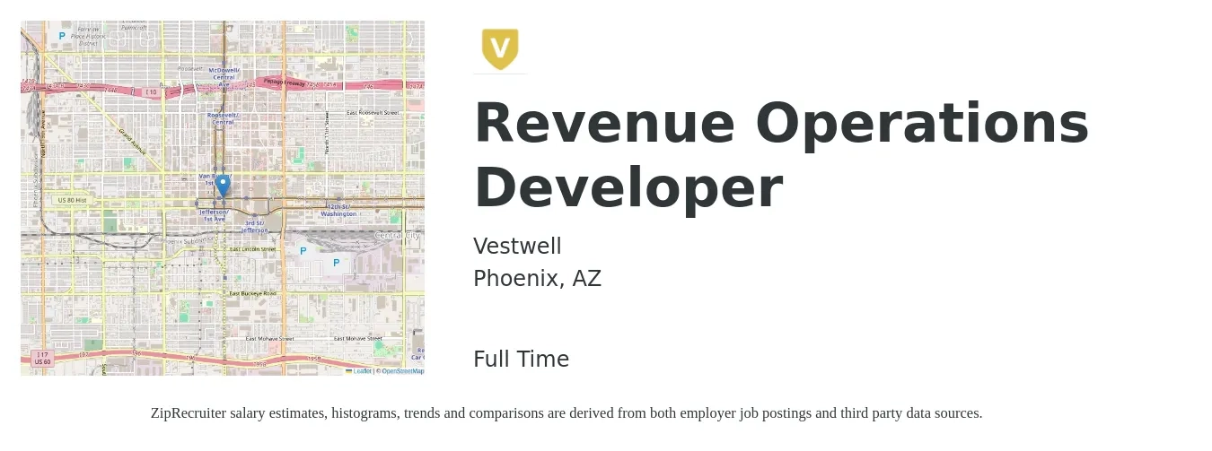 Vestwell job posting for a Revenue Operations Developer in Phoenix, AZ with a salary of $60,100 to $115,700 Yearly with a map of Phoenix location.