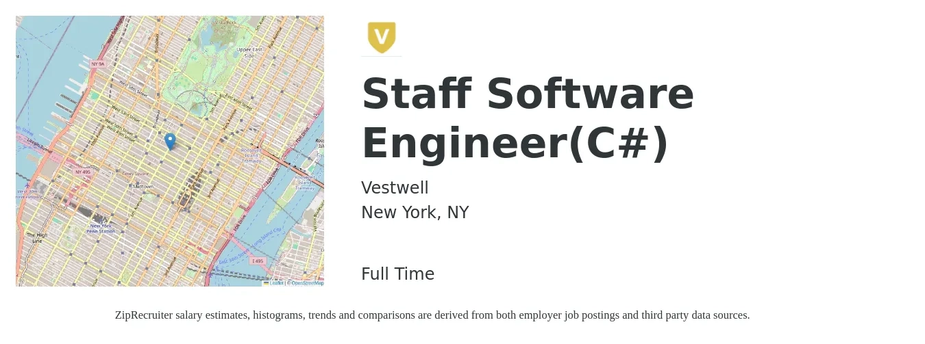 Vestwell job posting for a Staff Software Engineer (C#) in New York, NY with a salary of $147,100 to $208,400 Yearly with a map of New York location.