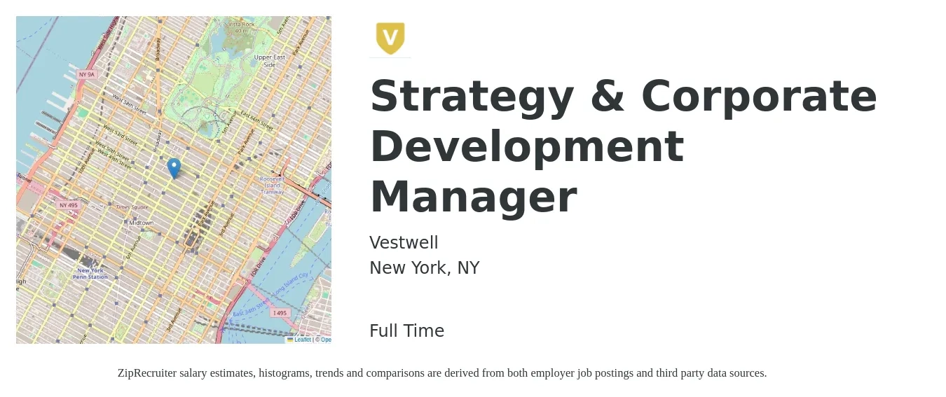 Vestwell job posting for a Strategy & Corporate Development Manager in New York, NY with a salary of $98,500 to $155,900 Yearly with a map of New York location.