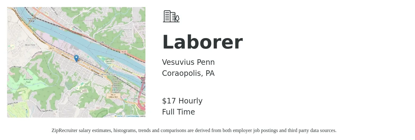 Vesuvius Penn job posting for a Laborer in Coraopolis, PA with a salary of $18 Hourly with a map of Coraopolis location.
