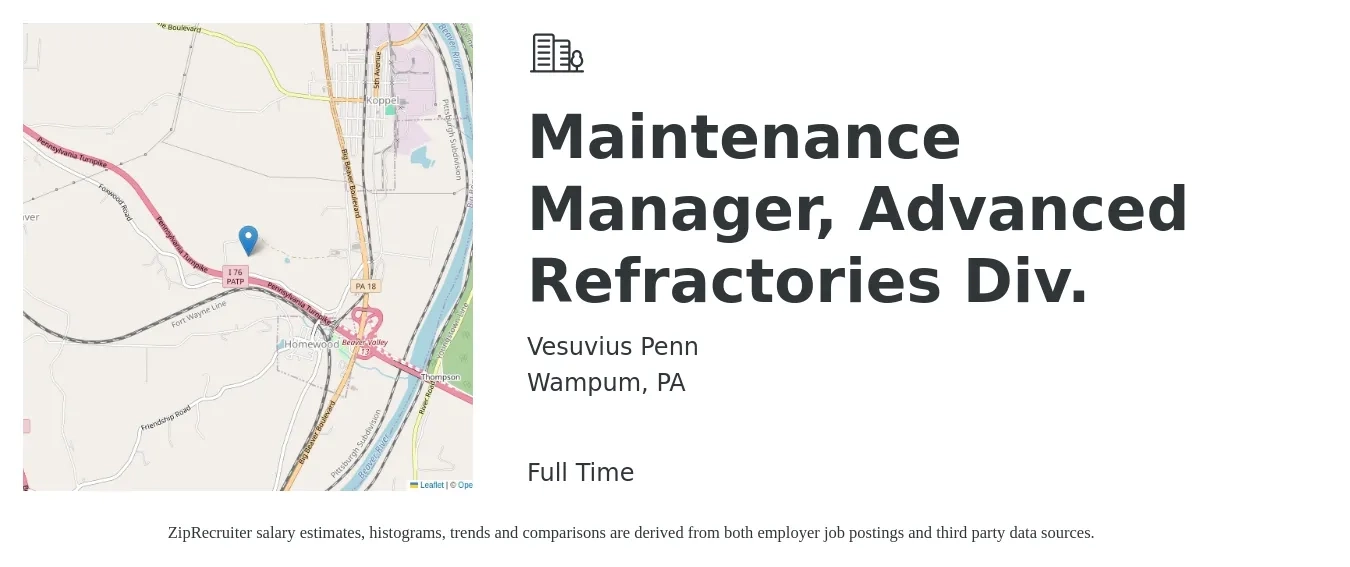 Vesuvius Penn job posting for a Maintenance Manager, Advanced Refractories Div. in Wampum, PA with a salary of $23 to $38 Hourly with a map of Wampum location.