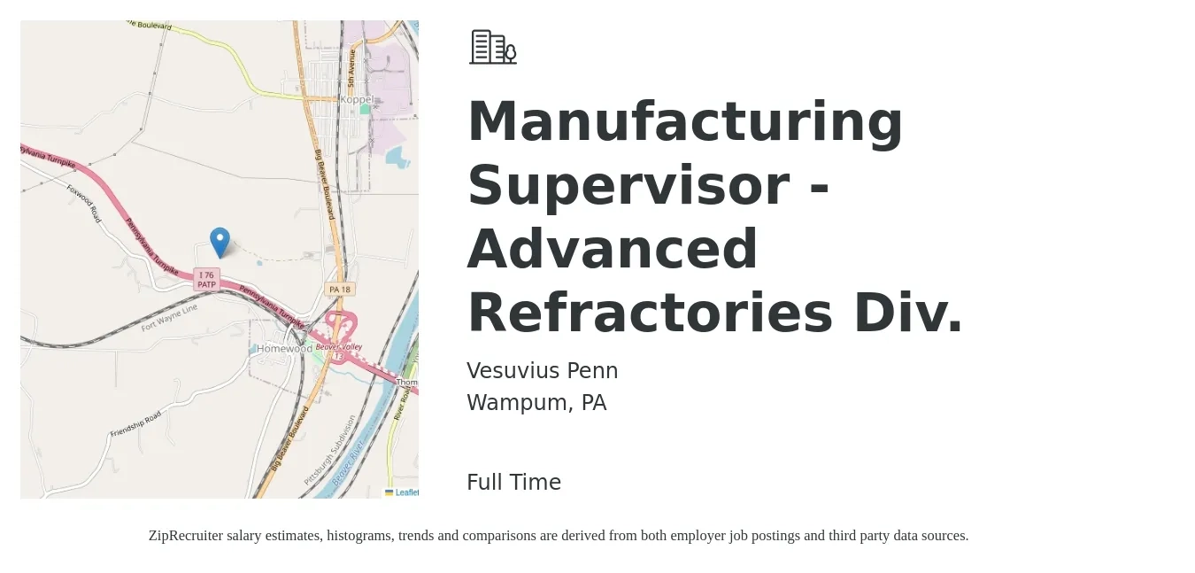 Vesuvius Penn job posting for a Manufacturing Supervisor - Advanced Refractories Div. in Wampum, PA with a salary of $58,700 to $80,100 Yearly with a map of Wampum location.