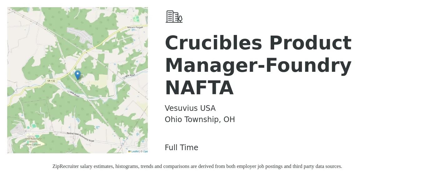 Vesuvius USA job posting for a Crucibles Product Manager-Foundry NAFTA in Ohio Township, OH with a salary of $136,100 to $190,200 Yearly with a map of Ohio Township location.