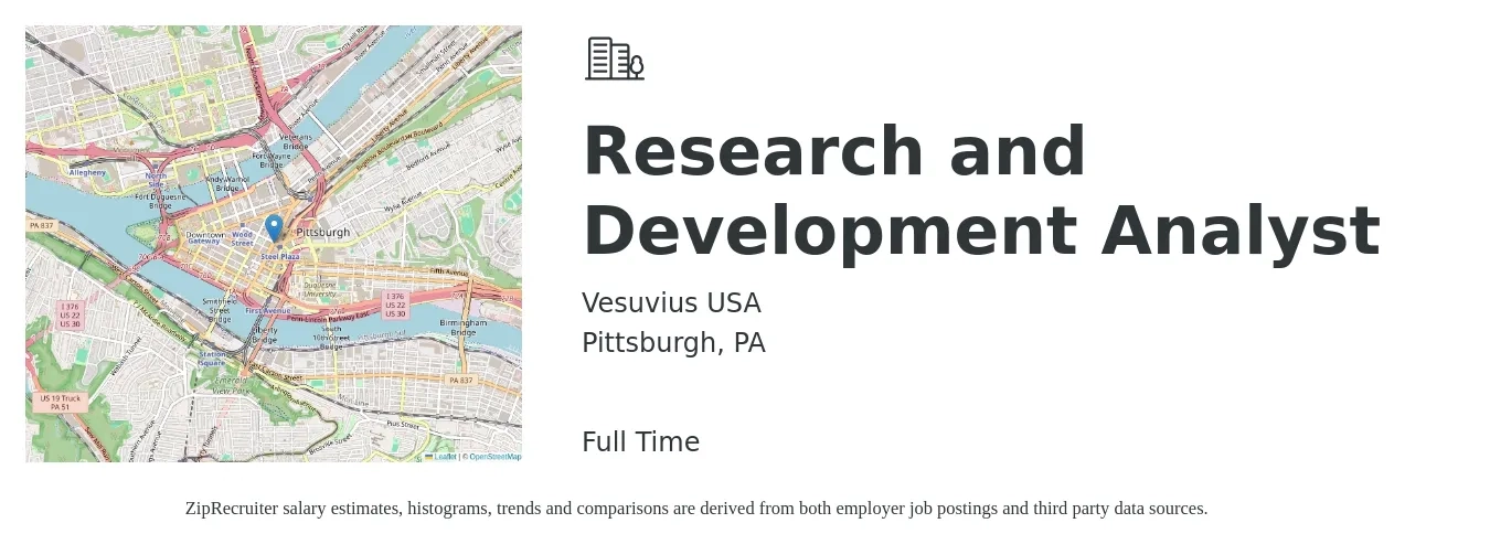 Vesuvius USA job posting for a Research and Development Analyst in Pittsburgh, PA with a salary of $52,500 to $90,800 Yearly with a map of Pittsburgh location.