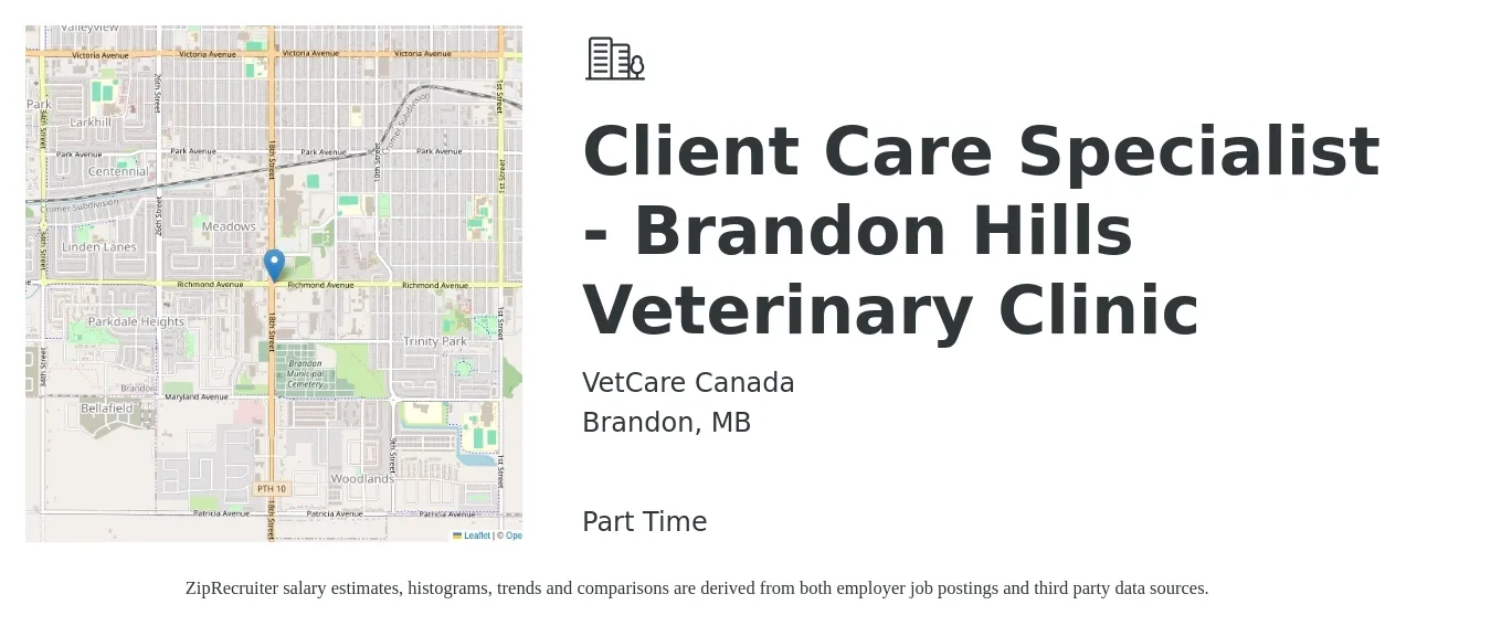 VetCare Canada job posting for a Client Care Specialist - Brandon Hills Veterinary Clinic in Brandon, MB with a map of Brandon location.