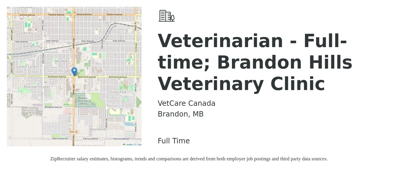 VetCare Canada job posting for a Veterinarian - Full-time; Brandon Hills Veterinary Clinic in Brandon, MB with a map of Brandon location.