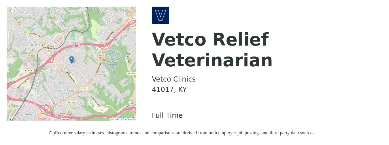 Vetco Clinics job posting for a Vetco Relief Veterinarian in 41017, KY with a salary of $105,800 to $206,000 Yearly with a map of 41017 location.