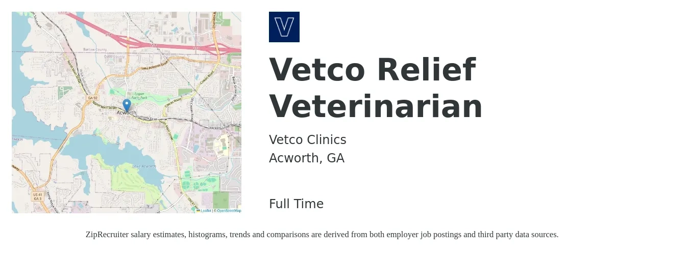 Vetco Clinics job posting for a Vetco Relief Veterinarian in Acworth, GA with a salary of $100,000 to $194,600 Yearly with a map of Acworth location.
