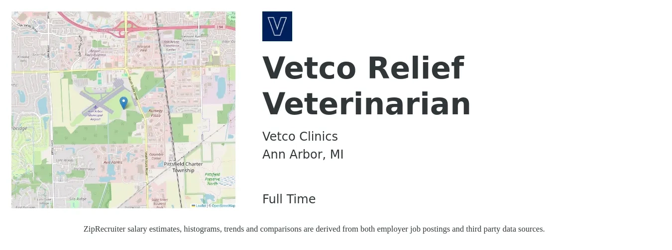 Vetco Clinics job posting for a Vetco Relief Veterinarian in Ann Arbor, MI with a salary of $109,600 to $213,300 Yearly with a map of Ann Arbor location.