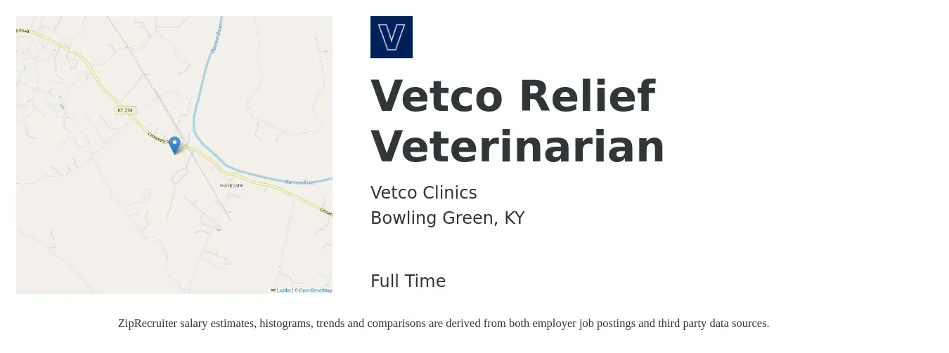 Vetco Clinics job posting for a Vetco Relief Veterinarian in Bowling Green, KY with a salary of $95,400 to $185,700 Yearly with a map of Bowling Green location.