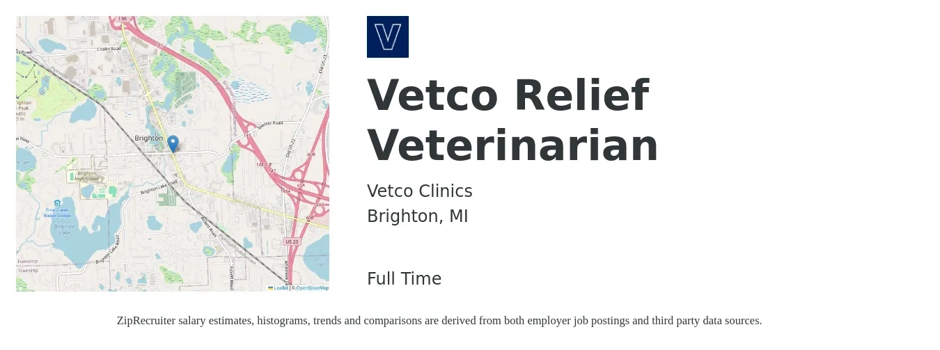 Vetco Clinics job posting for a Vetco Relief Veterinarian in Brighton, MI with a salary of $107,500 to $209,100 Yearly with a map of Brighton location.
