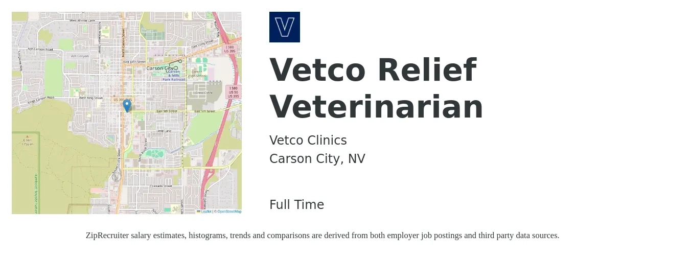 Vetco Clinics job posting for a Vetco Relief Veterinarian in Carson City, NV with a salary of $108,600 to $211,400 Yearly with a map of Carson City location.