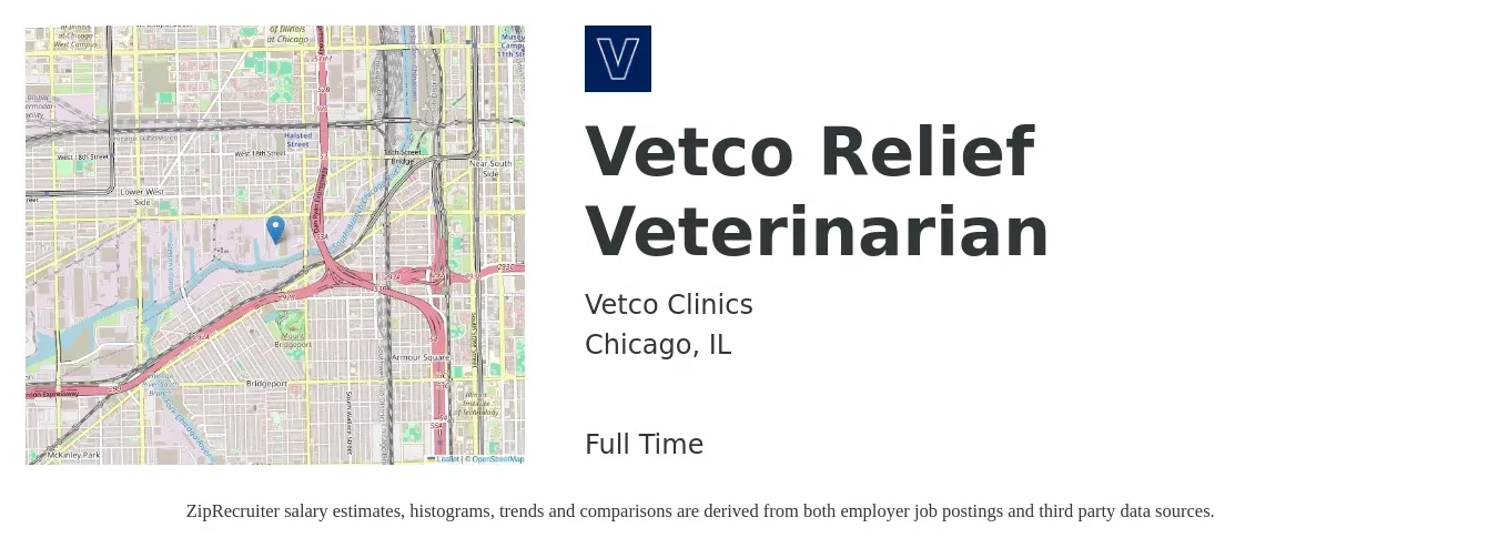 Vetco Clinics job posting for a Vetco Relief Veterinarian in Chicago, IL with a salary of $115,500 to $224,700 Yearly with a map of Chicago location.