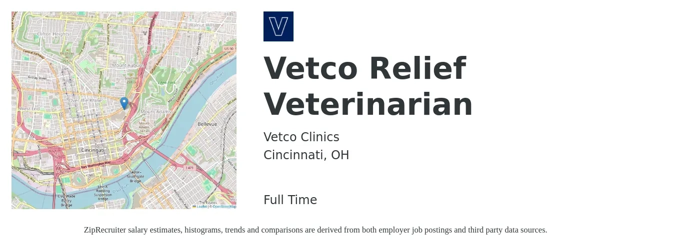 Vetco Clinics job posting for a Vetco Relief Veterinarian in Cincinnati, OH with a salary of $107,500 to $209,300 Yearly with a map of Cincinnati location.