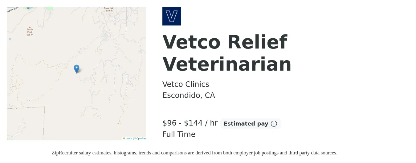 Vetco Clinics job posting for a Vetco Relief Veterinarian in Escondido, CA with a salary of $100 to $150 Hourly with a map of Escondido location.