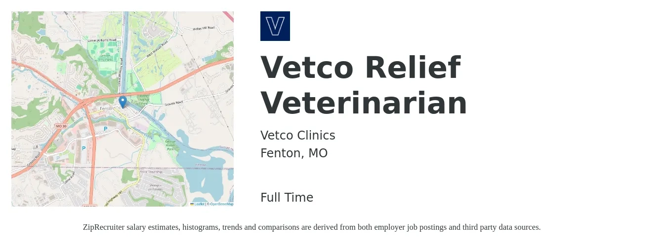 Vetco Clinics job posting for a Vetco Relief Veterinarian in Fenton, MO with a salary of $107,300 to $208,900 Yearly with a map of Fenton location.