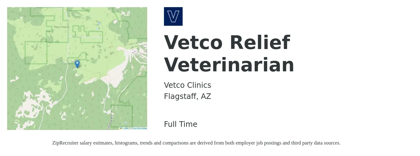 Vetco Clinics job posting for a Vetco Relief Veterinarian in Flagstaff, AZ with a salary of $110,000 to $214,100 Yearly with a map of Flagstaff location.