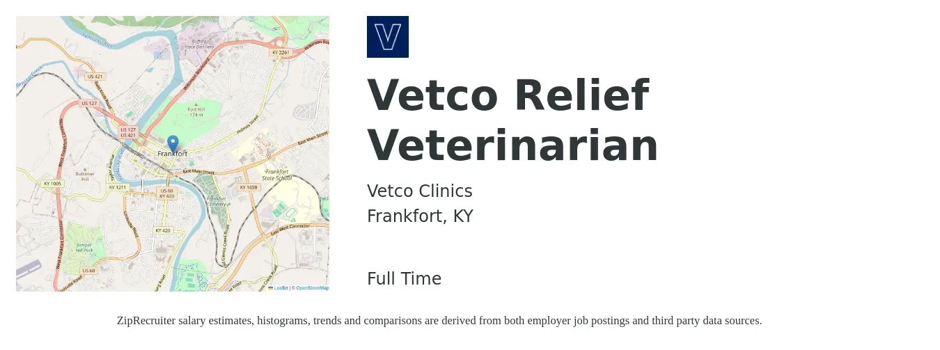 Vetco Clinics job posting for a Vetco Relief Veterinarian in Frankfort, KY with a salary of $96,300 to $191,700 Yearly with a map of Frankfort location.