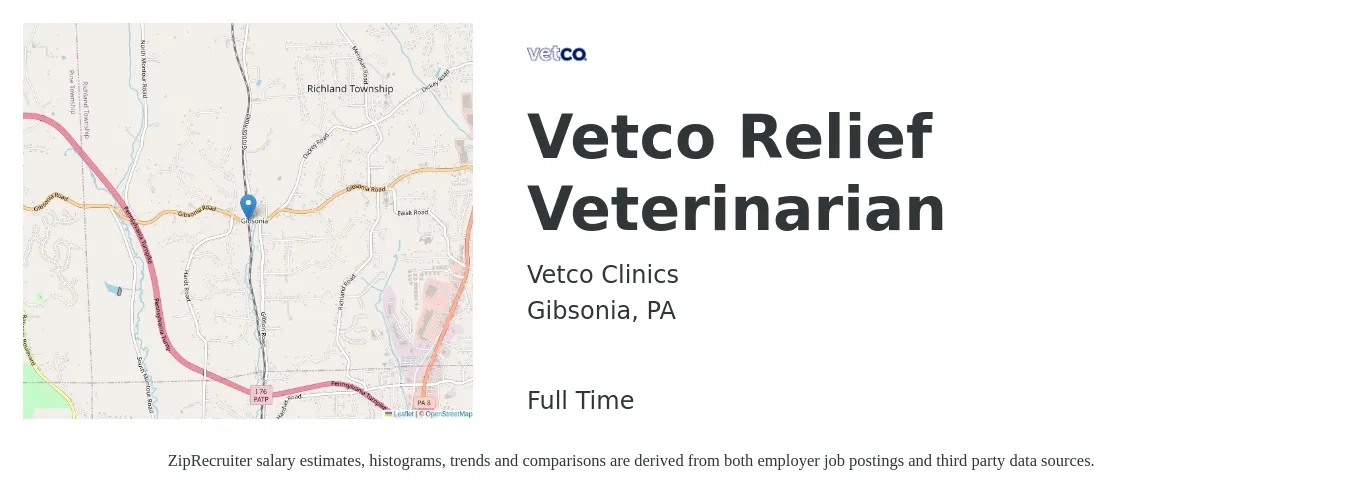 Vetco Clinics job posting for a Vetco Relief Veterinarian in Gibsonia, PA with a salary of $51,200 to $76,300 Yearly with a map of Gibsonia location.