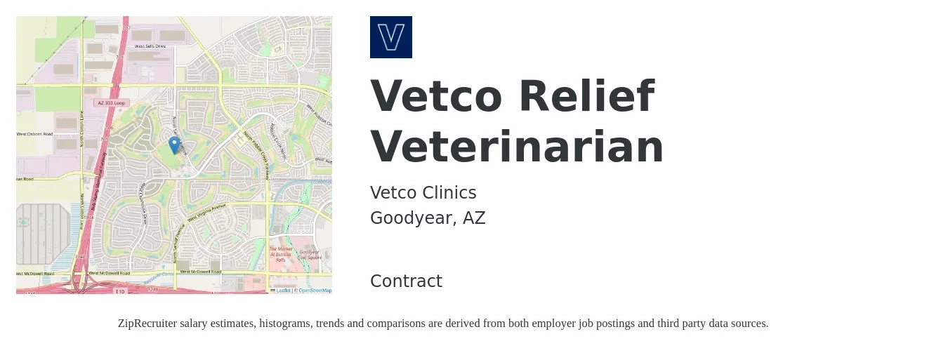Vetco Clinics job posting for a Vetco Relief Veterinarian in Goodyear, AZ with a salary of $56,600 to $84,400 Yearly with a map of Goodyear location.