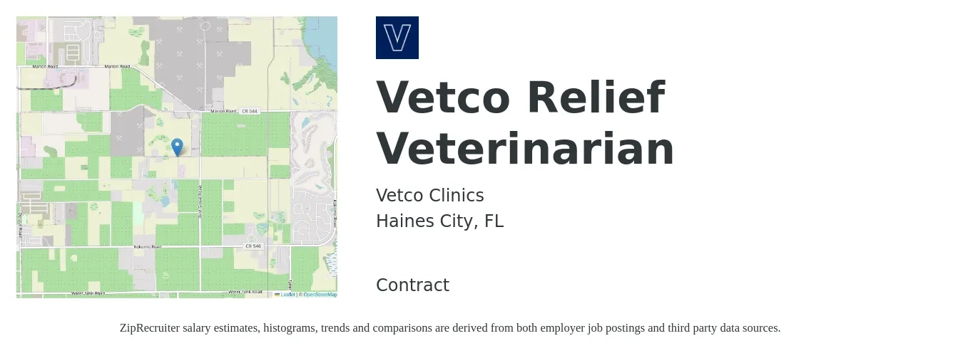 Vetco Clinics job posting for a Vetco Relief Veterinarian in Haines City, FL with a salary of $98,000 to $190,700 Yearly with a map of Haines City location.